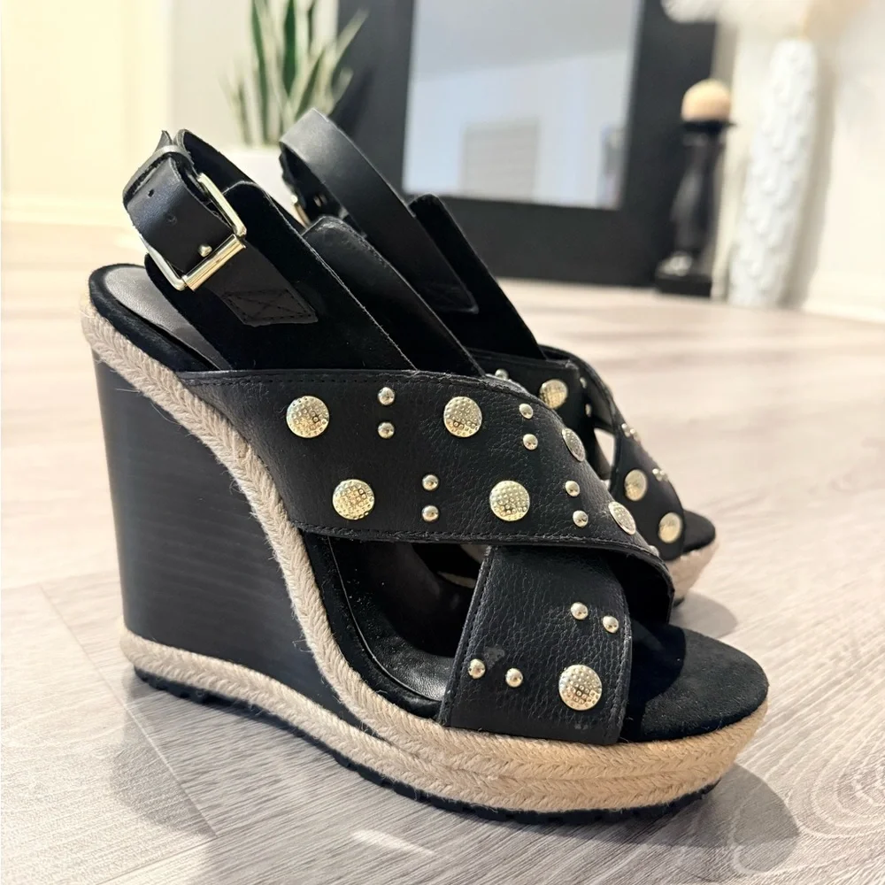 Rebecca Minkoff Black Wedge Sandals with Gold Studs